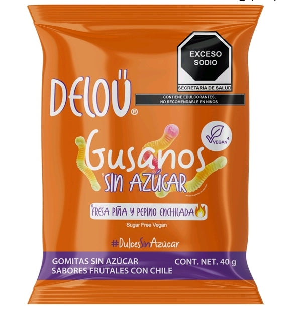 Gusanos frutales con chile  Veganos sin azúcar de 40g marca Deloum